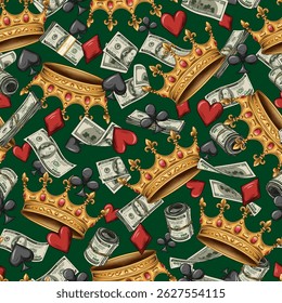 Seamless pattern with Joker skull, scattered card suits icons, flying 100 dollar bills. Concept of luck, success, win jackpot. Gambling, casino theme