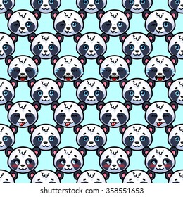 Seamless pattern with jolly pandas on a light blue background. Vector background for kids.