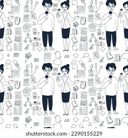 Patrón transparente con la profesión periodística. Hombre, periodista y mujer reportera con micrófono de fondo blanco. Ilustración vectorial con estilo doodle para diseño, decoración, embalaje, papel tapiz