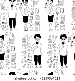 Seamless pattern with journalism profession. woman journalist and male reporter with microphone, megaphone, voice recorder and media items on white background. Vector illustration with doodle style