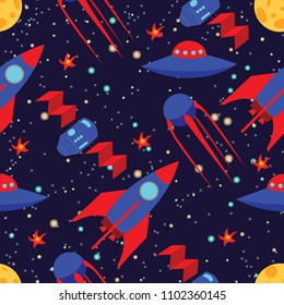 seamless pattern for journey to space with sketch stars, rocket, comets and planets, vector illustration