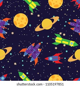 seamless pattern for journey to space with sketch stars, rocket, comets and planets, vector illustration
