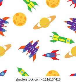 seamless pattern for journey to space with sketch rocket, comets and planets, vector illustration