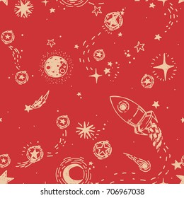 seamless pattern for journey to space with sketch stars, rocket, comets and planets, vector illustration