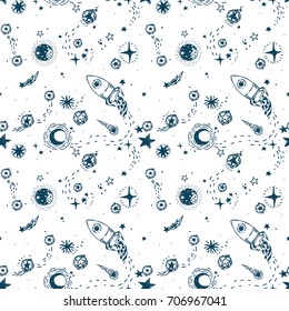 seamless pattern for journey to space with sketch stars, rocket, comets and planets, vector illustration