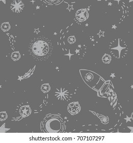 seamless pattern for journey to space with sketch stars, rocket, comets and planets, vector illustration