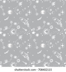 seamless pattern for journey to space with sketch stars, rocket, comets and planets, vector illustration