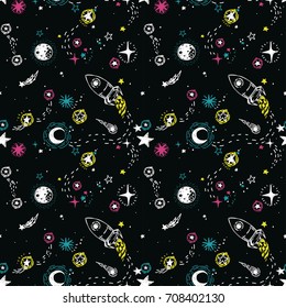 seamless pattern for journey to space with sketch stars, rocket, comets and planets, vector illustration