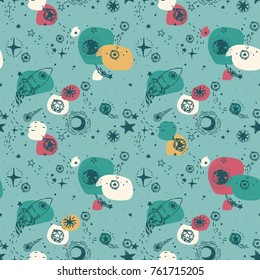 seamless pattern for journey to space with sketch stars, rocket, comets and planets, and colorful spots, vector illustration