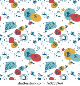 seamless pattern for journey to space with sketch stars, rocket, comets and planets, and colorful spots, vector illustration