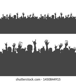 Seamless pattern with a joyful crowd, people at a concert, silhouette of a crowd