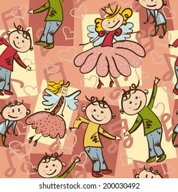 seamless pattern with joyful dancing boys and little fairies
