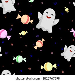 Seamless pattern with joyful ghosts and colorful candies on a black background. Halloween party invitation, celebration banner. 