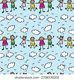 Nahtloses Muster mit fröhlichen Kindern und Wolken handgezeichnet. Vektorgrafik.