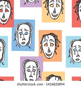 Seamless pattern of joyful and sad human masks