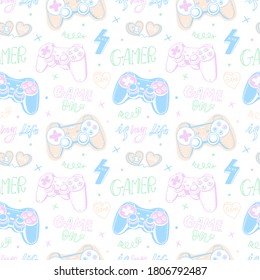 Patrón sin fisuras con joystick, garabatos y letras para tejidos para bebés. Fondo de color para los jugadores. Diseño vectorial con gamepad sobre fondo blanco para camiseta, afiche, papel envolvente.