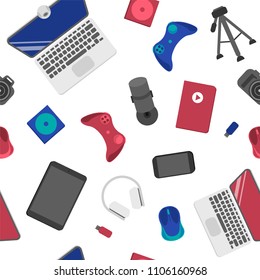 Seamless pattern with joystick, laptop, computer mouse, webcam and other electronics
