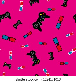 Seamless pattern with joysticks and 3D glasses. Simple vector illustration. Pink, black, red, blue, white.