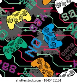 Seamless pattern with joysticks gamepad. Grunge, neon texture pattern illustration. Cool gamer slogan text, for textile, t-shirt prints and other uses. Vector.