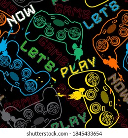 Nahtloses Muster mit Joysticks Gamepad. Grunge, neonische Textur Muster Illustration. Cool Gamer Slogan Text, für Textilien, T-Shirt-Ausdrucke und andere Zwecke. Vektorgrafik.