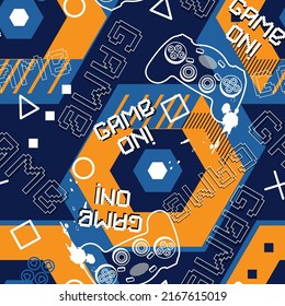 Seamless pattern with joysticks gamepad  with pixels. Grunge, neon texture pattern illustration. Cool gamer slogan text, for textile, t-shirt prints and other uses. Vector.