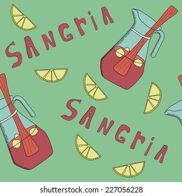 Seamless pattern with jug of sangria and lemon slices.