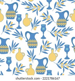 Seamless pattern with jugs, bowls and olive branches. Perfect for wrapping paper, greeting cards, wallpaper. Jewish holidays. Vector illustration. Hanukkah print