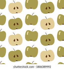 Seamless pattern. Juicy apple fruit and apple halves on a white background.