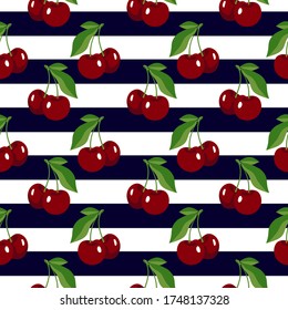 Seamless pattern with juicy berries of a cherry on a background with blue stripes.