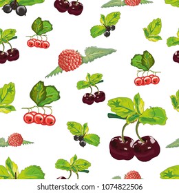 seamless pattern of juicy berries and foliage.