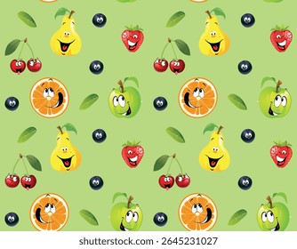 Seamless pattern of juicy, bright, cheerful, smiling cartoon fruits and berries for children on a green background.Isolated, close-up.Design element