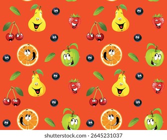 Padrão contínuo de suculento, brilhante, alegre, sorrindo frutas de desenho animado e bagas para crianças em um fundo vermelho.Isolado, close-up.Design elemento
