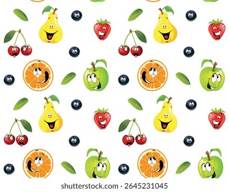 Padrão contínuo de suculento, brilhante, alegre, sorrindo frutas de desenho animado e bagas para crianças em um fundo branco.Isolado, close-up.Design elemento