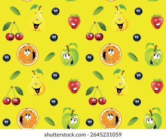Padrão contínuo de suculento, brilhante, alegre, sorrindo frutas de desenho animado e bagas para crianças em um fundo amarelo.Isolado, close-up.Design elemento