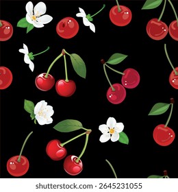 padrão sem costura de cherrys brilhantes suculentas em um fundo preto.Isolado, close-up.Design elemento