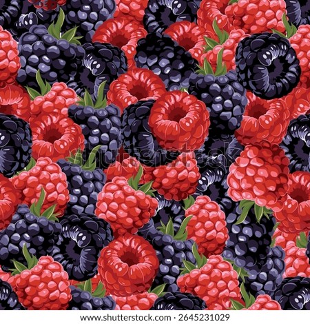 Seamless pattern of juicy bright multicolored raspberries and blackberries, berries make the background.Isolated, close-up.Design element
