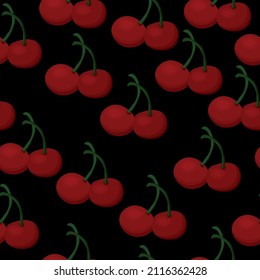 Seamless pattern of juicy cherries, red berries on a black background vector illustration