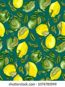 Seamless Pattern with juicy citrus limes and lemons bright green background. There are fruits on the branches