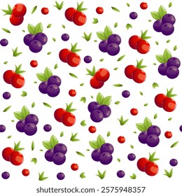 A seamless pattern of juicy cranberries and plump blueberries, blending vibrant red and deep blue hues. Perfect for nature-inspired designs, food packaging, and cheerful seasonal projects.