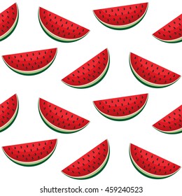 Seamless pattern with juicy fresh watermelon isolated on white. Cartoon vector background.  Summer texture.