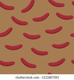 Patrón sin foco de salchichas fritas jugosas en un fondo beige, ilustración vectorial. Deliciosas salchichas a la parrilla