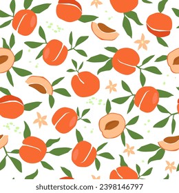 Seamless pattern with juicy fruits, apricots, leaves and flowers. Summer natural abstract print. Vector graphics.