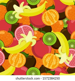 Seamless pattern with juicy fruits-kiwi, pomegranate, banana, mandarin. Vector illustration