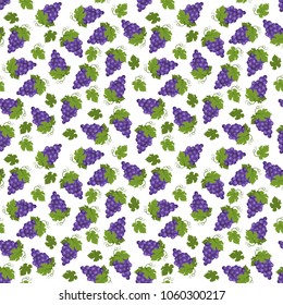 Seamless pattern of juicy grapes with leaves. This fruit design for your business projects. Perfect for fabrics and decor.  Beautiful vector background. Tasty, juicy, ripe, healthy and sweet grapes. 