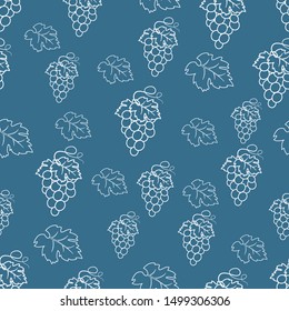Seamless pattern of juicy grapes with leaves. This fruit design for your business projects. Perfect for fabrics and decor.  Beautiful vector background. Tasty, juicy, ripe, healthy and sweet grapes. 