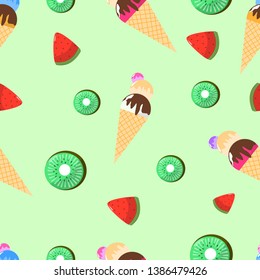 Seamless Pattern of Juicy Ice Cream with Waffles Watermelon and Kiwi on Green Background Cartoon Style Vector Illustration