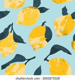 Seamless pattern with juicy lemon. Fresh citrus fruit, healthy organic food. Ripe yellow fruits with leaves. Vector flat cartoon botanical illustration for textile, fabric, wrapping paper