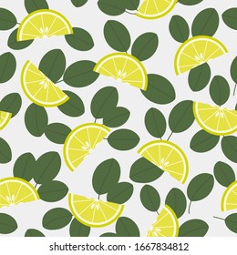 Seamless pattern with juicy lemons and leaves on white. Citrus fruit texture. Slice of yellow lemon vector illustration. Vegetarian tropical organic food for menu, kitchen textile, pack paper, fabric.