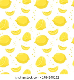 Patrón sin foco con limones jugosos. Patrón repetitivo con cuñas de limón, medio limón y manchas amarillas. Ilustración vectorial aislada en fondo blanco.