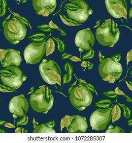 Seamless Pattern with juicy limes and lemons on dark blue background, made in vintage style
